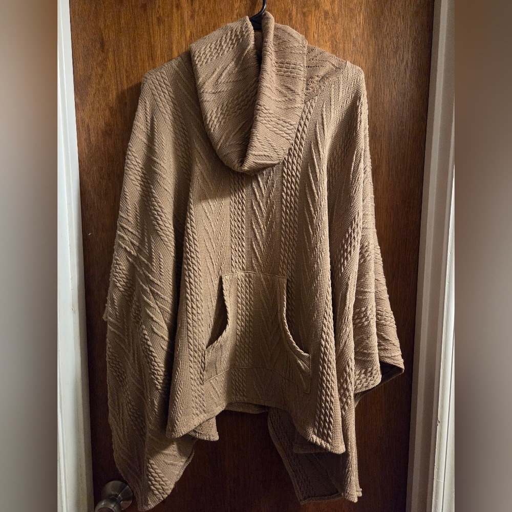 Cozy Hooded Cable-Knit Poncho Sweater - Tan OSFM